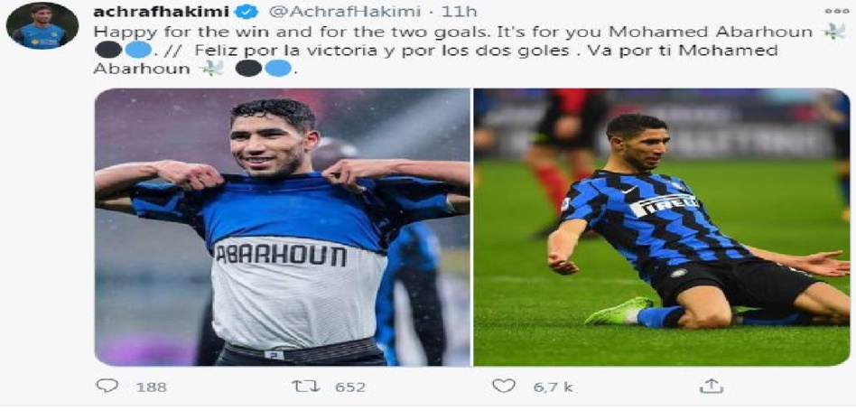 «أشرف حكيمي» يهدي هدفيه مع «الإنتر» لروح الراحل «أبرهون» «أشرف حكيمي» يهدي هدفيه مع «الإنتر» لروح الراحل «أبرهون»