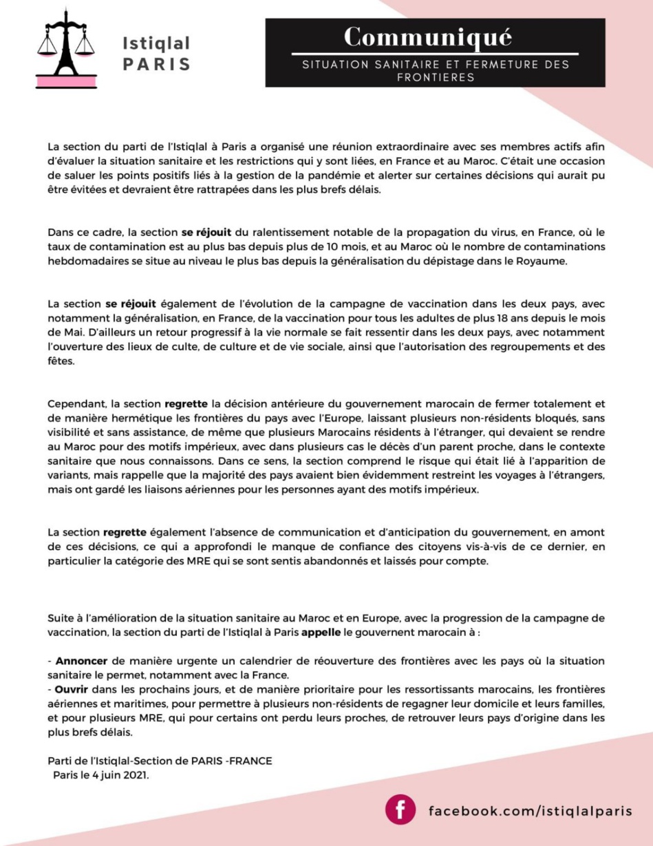 فرع حزب الاستقلال بباريس ينوه بتدبير المغرب وفرنسا للجائحة ويدعو حكومة العثماني إلى تدارك هفواتها فرع حزب الاستقلال بباريس ينوه بتدبير المغرب وفرنسا للجائحة ويدعو حكومة العثماني إلى تدارك هفواتها