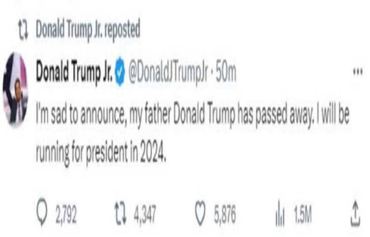 "توفي والدي".. بوست على حساب نجل "دونالد ترامب" على منصة "إكس" يثير ضجة "توفي والدي".. بوست على حساب نجل "دونالد ترامب" على منصة "إكس" يثير ضجة