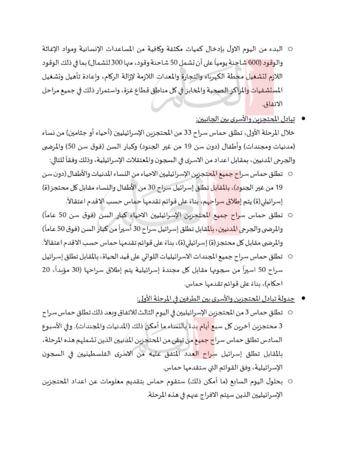 "العلم" تنفرد بنشر نص اتفاق وقف إطلاق النار في قطاع غزة "العلم" تنفرد بنشر نص اتفاق وقف إطلاق النار في قطاع غزة