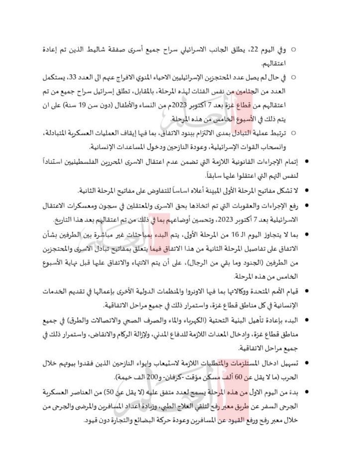 "العلم" تنفرد بنشر نص اتفاق وقف إطلاق النار في قطاع غزة "العلم" تنفرد بنشر نص اتفاق وقف إطلاق النار في قطاع غزة