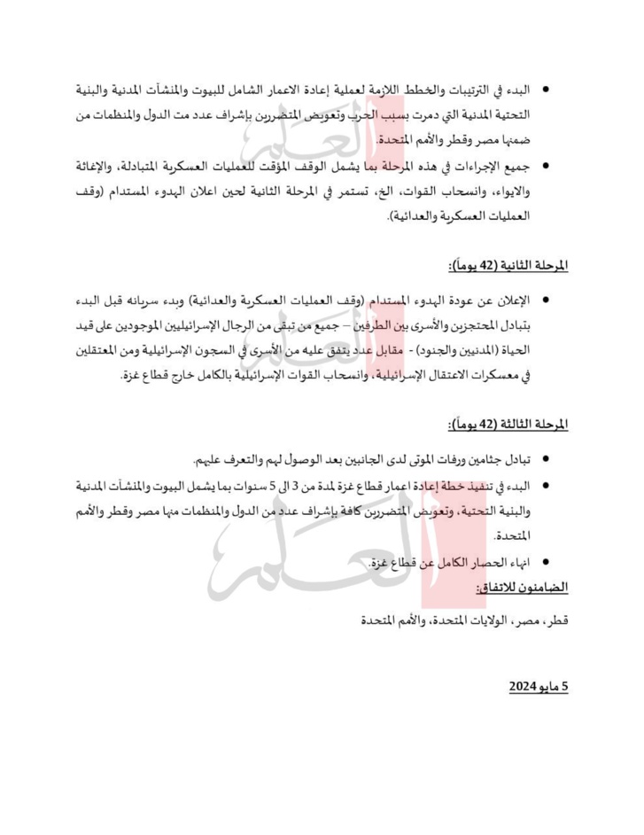 "العلم" تنفرد بنشر نص اتفاق وقف إطلاق النار في قطاع غزة "العلم" تنفرد بنشر نص اتفاق وقف إطلاق النار في قطاع غزة