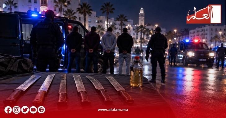 الأسلحة البيضاء والسائل الحارق المحجوزة لدى المشتبه فيهم الأسلحة البيضاء والسائل الحارق المحجوزة لدى المشتبه فيهم