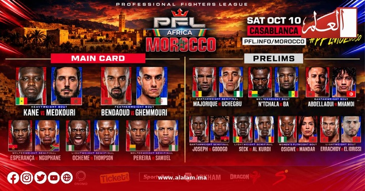برنامج نزالات «PFL Africa» بالدار البيضاء، السبت 10 أكتوبر برنامج نزالات «PFL Africa» بالدار البيضاء، السبت 10 أكتوبر
